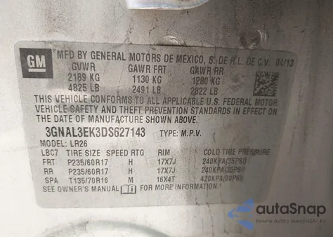 2013 Chevrolet Captiva Sport Lt z USA, uszkodzony, nr VIN 3GNAL3EK3DS627143